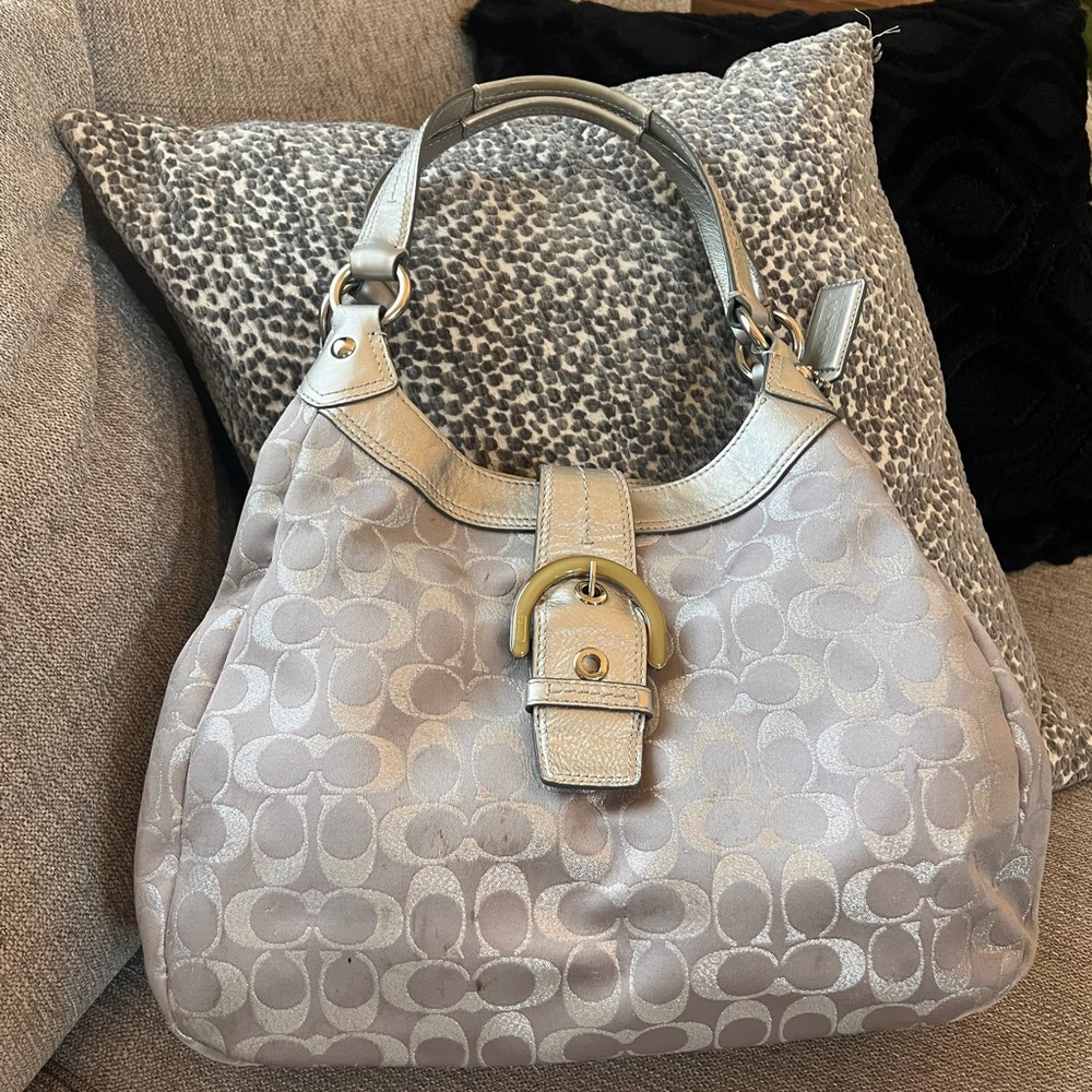 Coach Soho Signature Metallic Silver Gray Purple Sateen Buckle Hobo Shoulder Bag - Picture 8 of 10